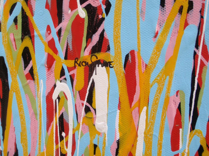 159 cm by 112 cm abstract artwork with vertical drips and stripes in various colours on a white background - detail