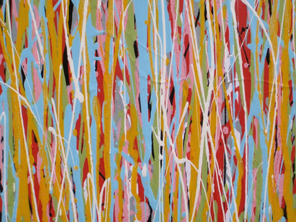 159 cm by 112 cm abstract artwork with vertical drips and stripes in various colours on a white background - detail