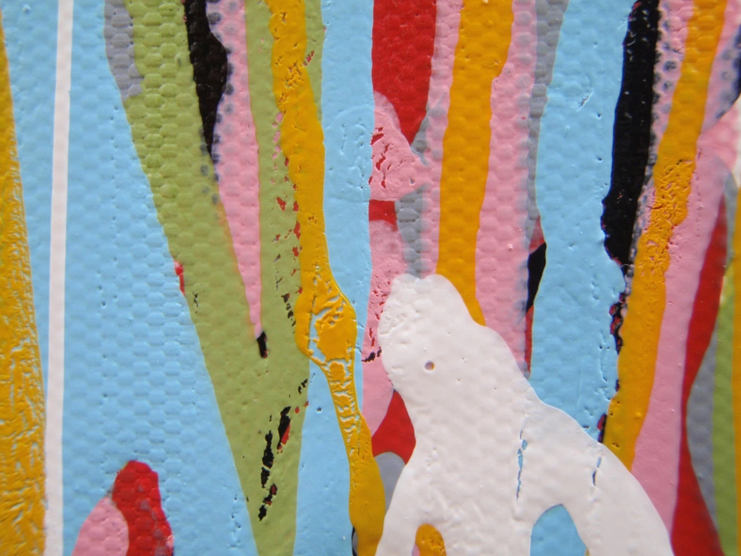 159 cm by 112 cm abstract artwork with vertical drips and stripes in various colours on a white background - detail