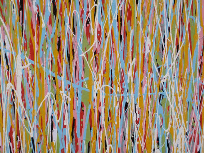 159 cm by 112 cm abstract artwork with vertical drips and stripes in various colours on a white background - detail