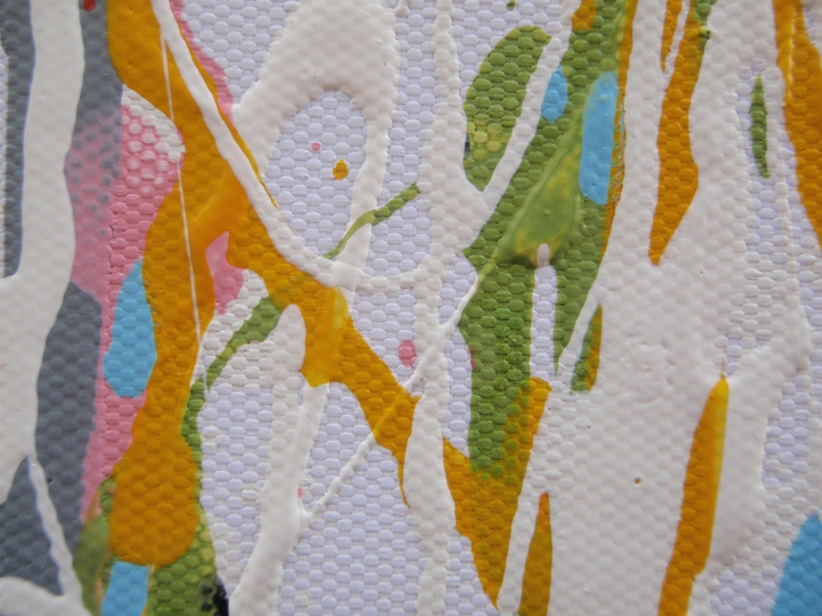 159 cm by 112 cm abstract artwork with vertical drips and stripes in various colours on a white background - detail