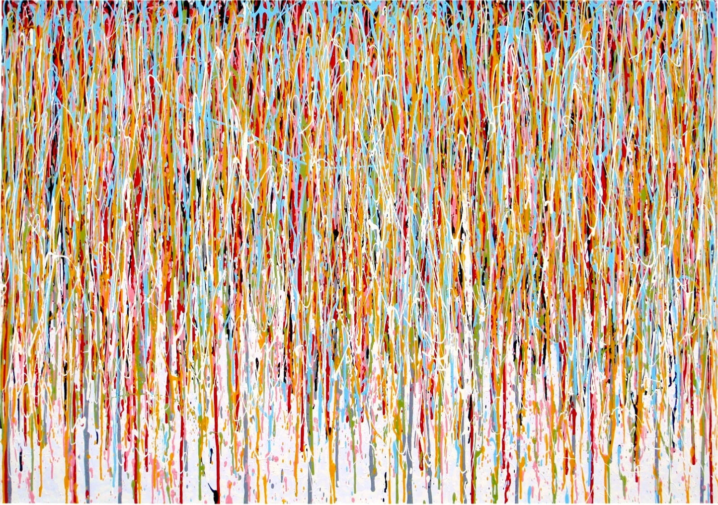 159 cm by 112 cm abstract artwork with vertical drips and stripes in various colours on a white background - full view