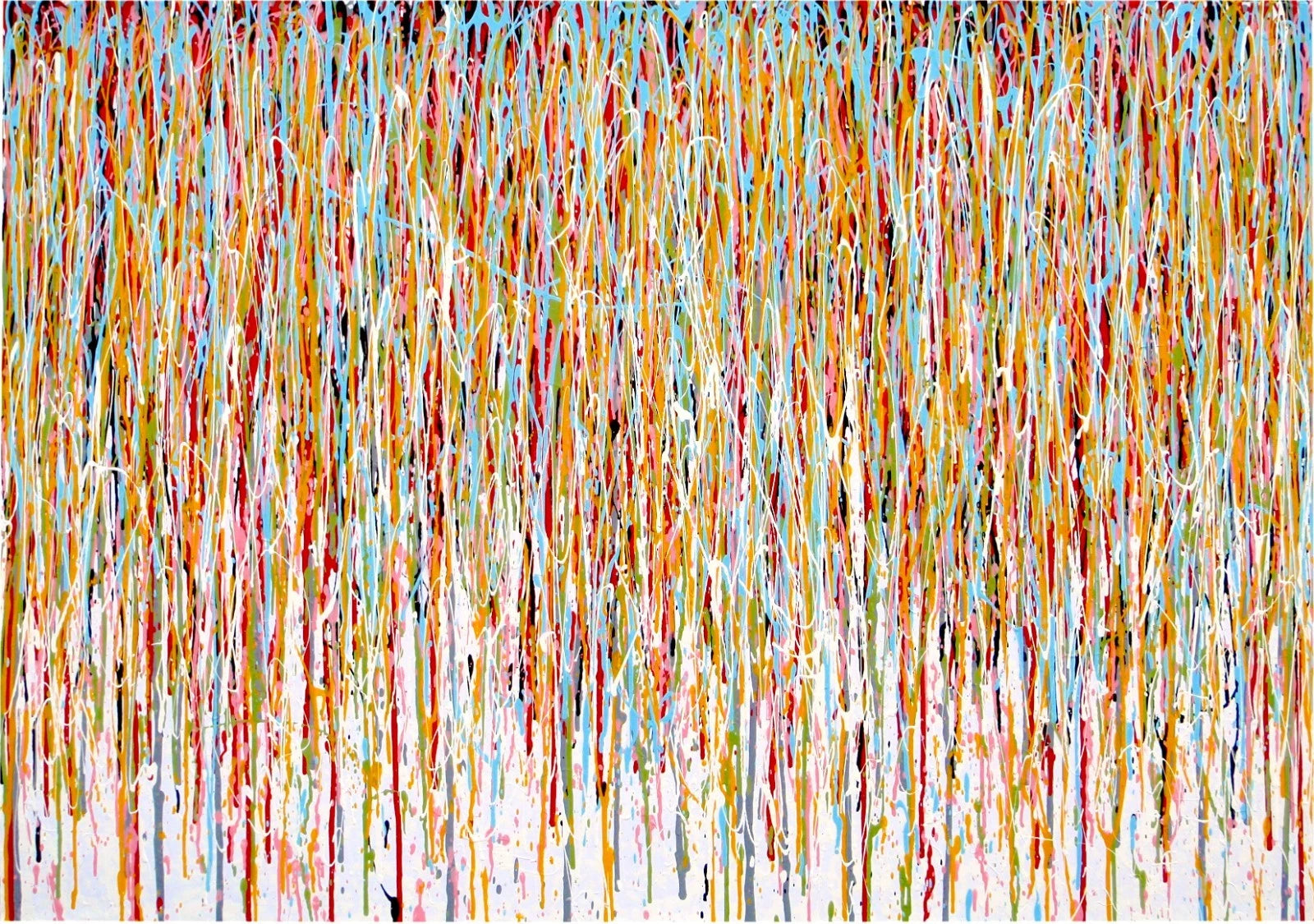 159 cm by 112 cm abstract artwork with vertical drips and stripes in various colours on a white background - full view