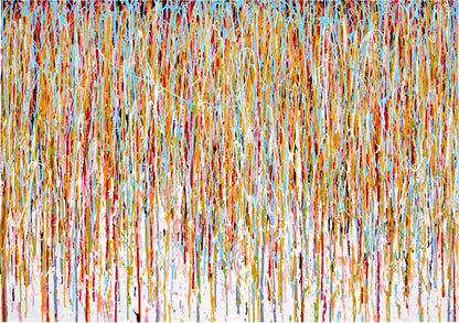 159 cm by 112 cm abstract artwork with vertical drips and stripes in various colours on a white background - full view