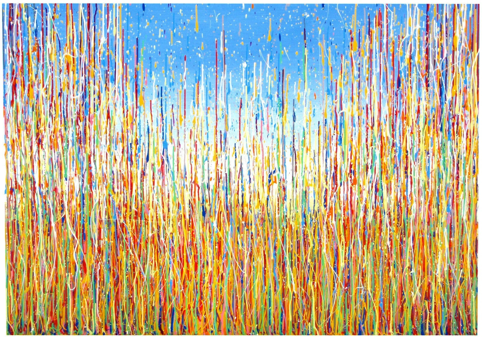 Abstract artwork with colourful vertical drips and lines, underneath a vivid blue sky. Unique and original contemporary wall art on a really big canvas.