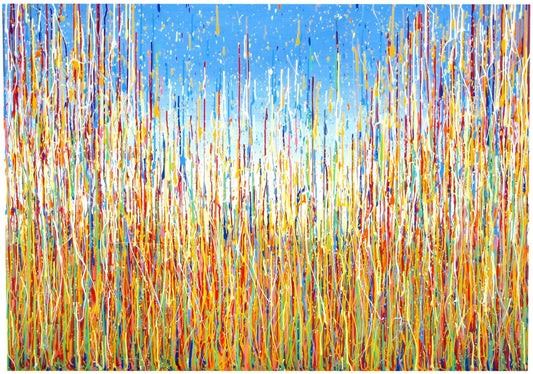 Abstract artwork with colourful vertical drips and lines, underneath a vivid blue sky. Unique and original contemporary wall art on a really big canvas.