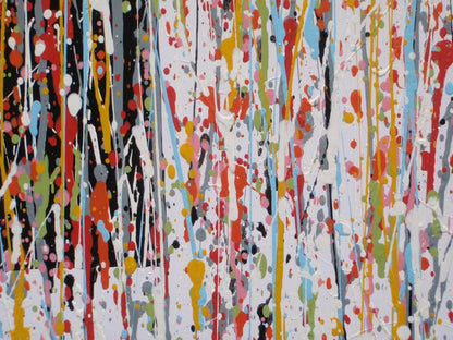 Abstract wall art featuring the word 'JOY' formed by dripping, splattered paint in multiple colours including red, blue, yellow, black, and white on a light background - detail