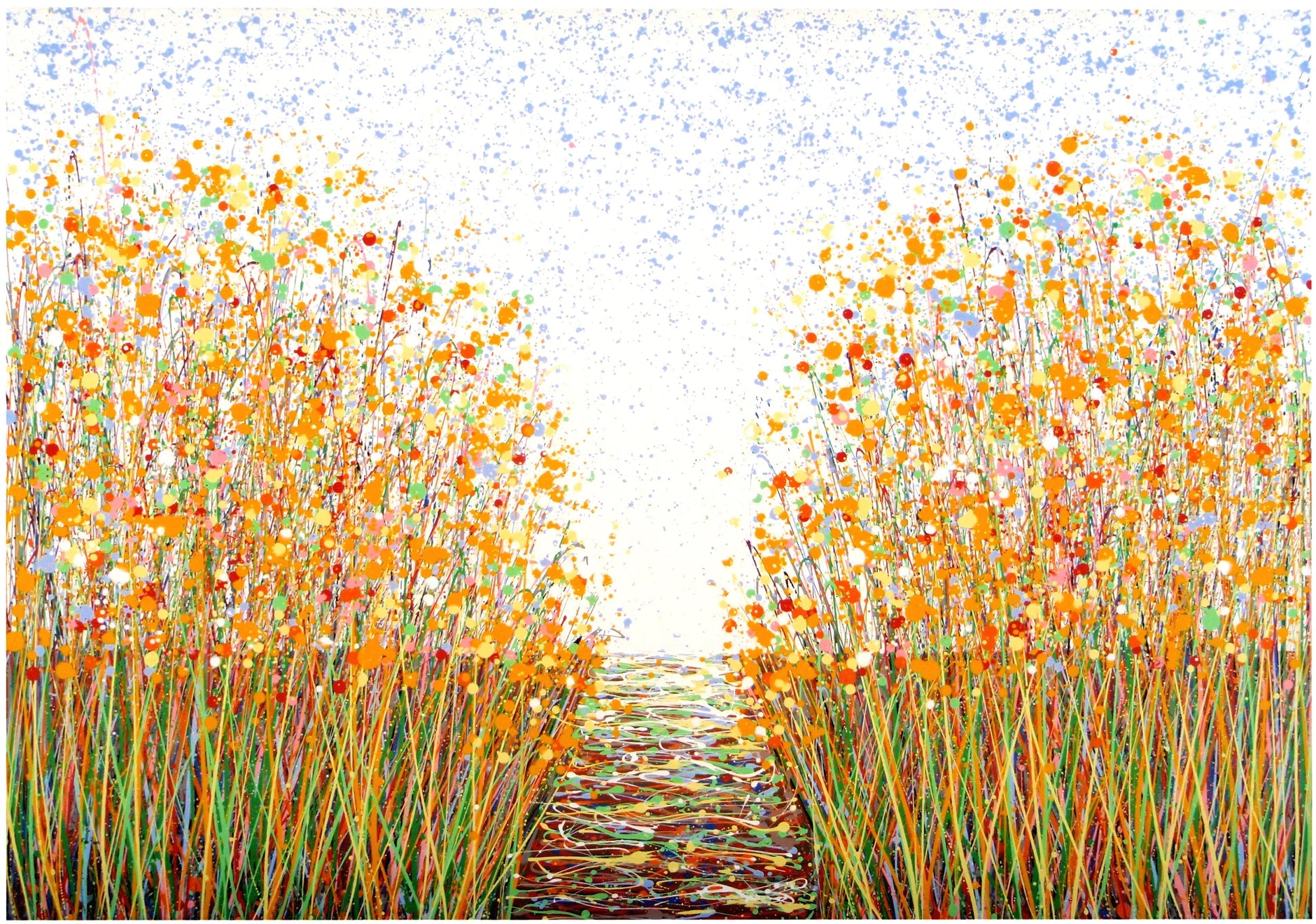 Yellow flower meadow with footpath abstract wall art really big original painting on canvas.