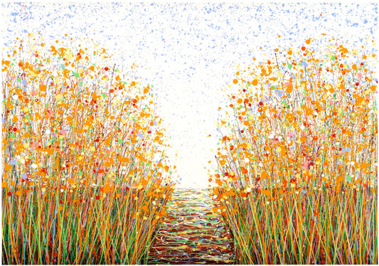 Yellow flower meadow with footpath abstract wall art really big original painting on canvas.