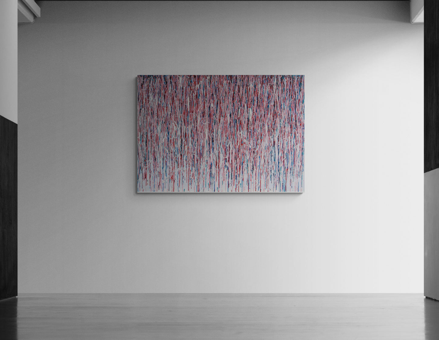 Abstract painting on a white wall in an art gallery showcasing my contemporary artwork, with vertical pink drips and stripes