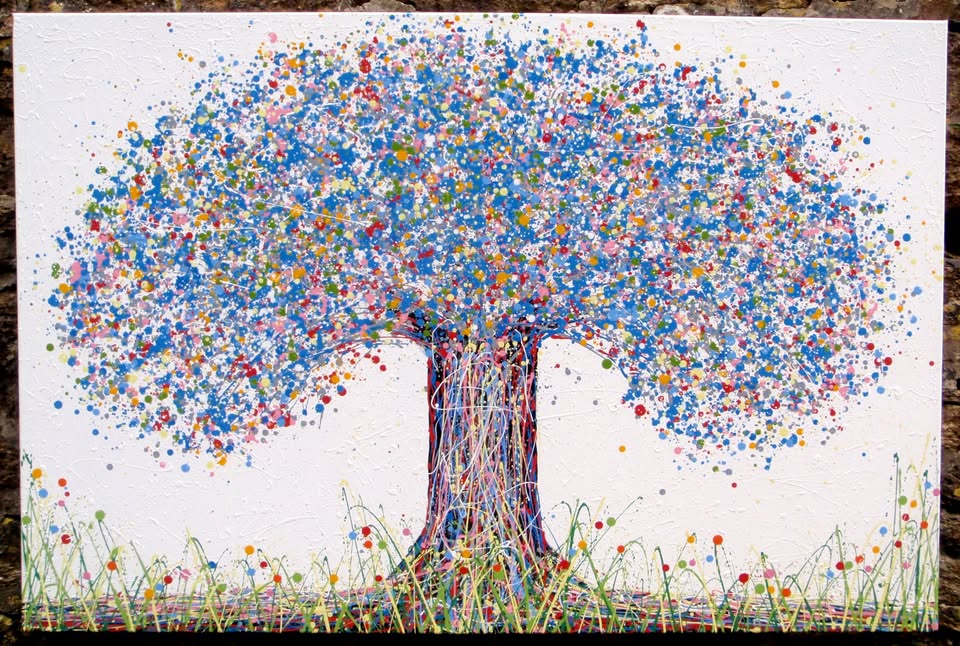 Huge colourful blue tree painting made of dots on a white background - full view