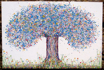 Huge colourful blue tree painting made of dots on a white background - full view