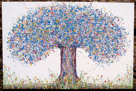 Huge colourful blue tree painting made of dots on a white background - full view