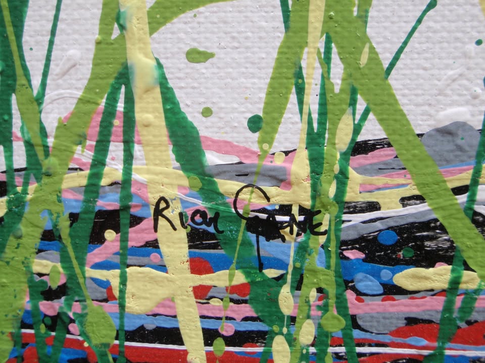 Huge colourful blue tree painting made of dots on a white background - detail