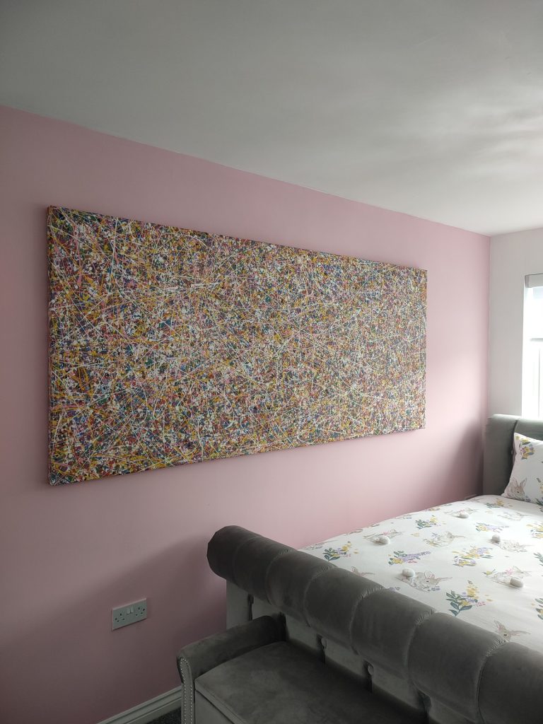 Customer showcase photo of my really huge abstract drip and splash painting on 244 cm wide canvas