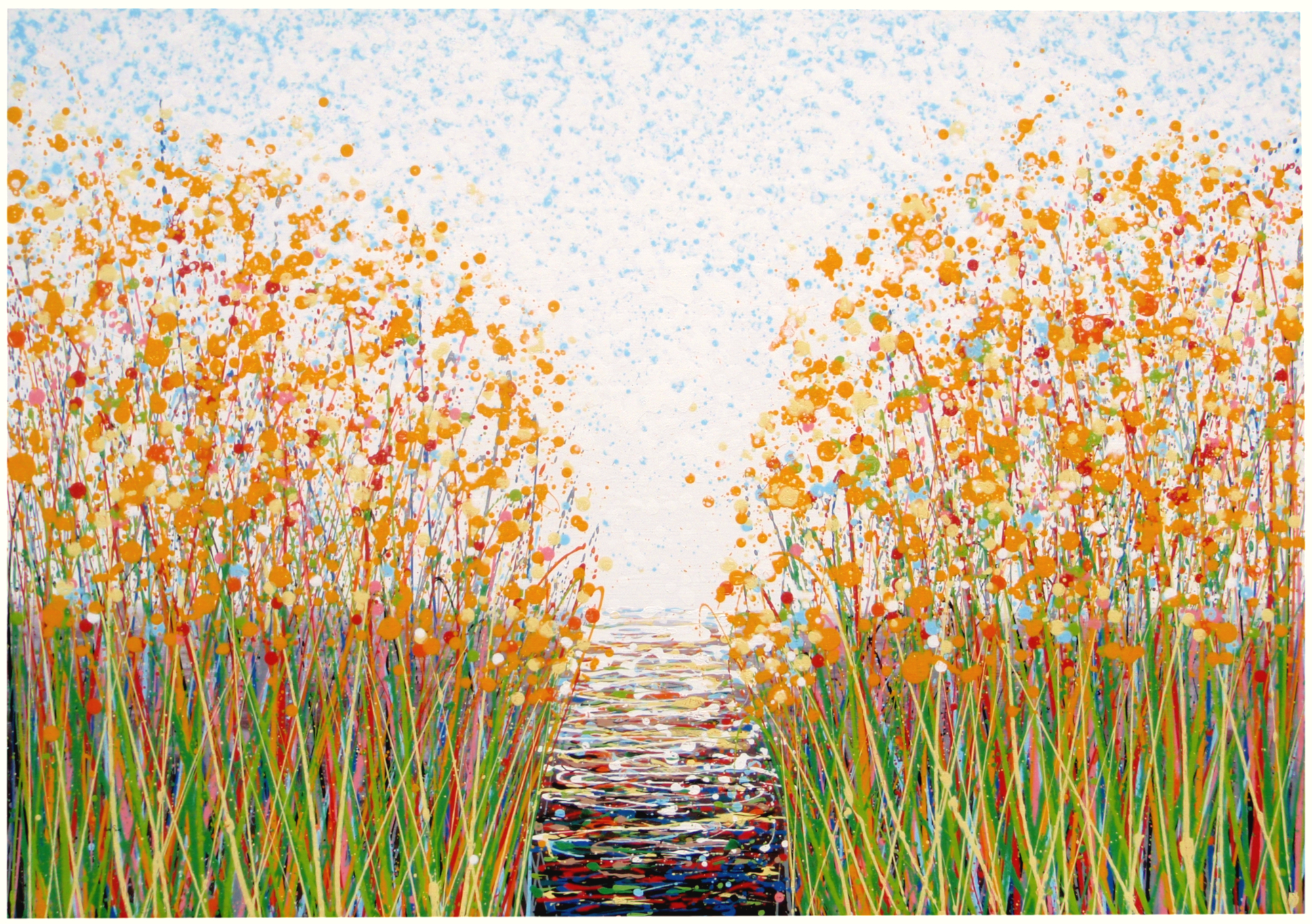 136 cm by 95 cm original hand-painted yellow flower painting on canvas, with footpath